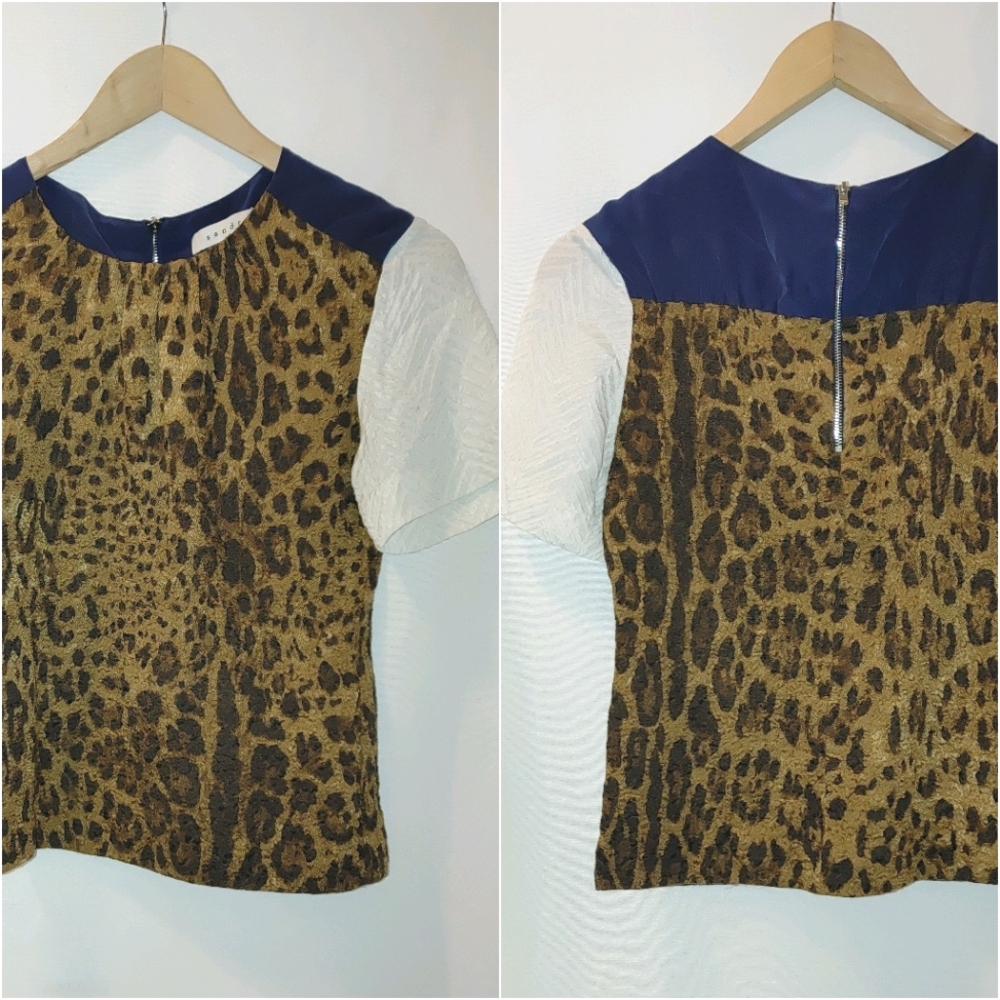 Sandro Color Block Animal Print Wool Silk Tee Top